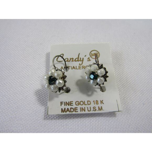 Silver Tone Green Faux Pearl Floral Dangly Earrings Whimsycal Elegant Chic - Picture 1 of 4